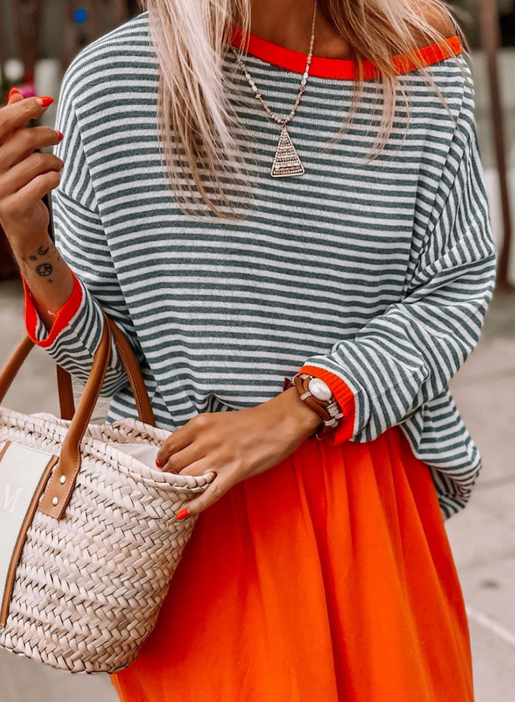 Fine Stripe Boxy Knit Top With Contrast Rib - Grey