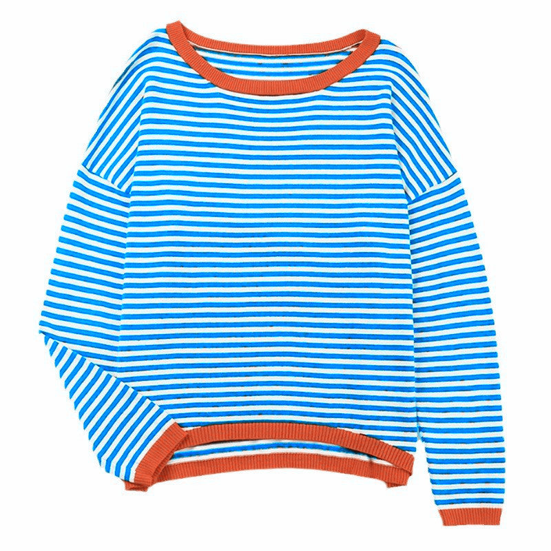 Fine Stripe Boxy Knit Top With Contrast Rib - SkyBlue
