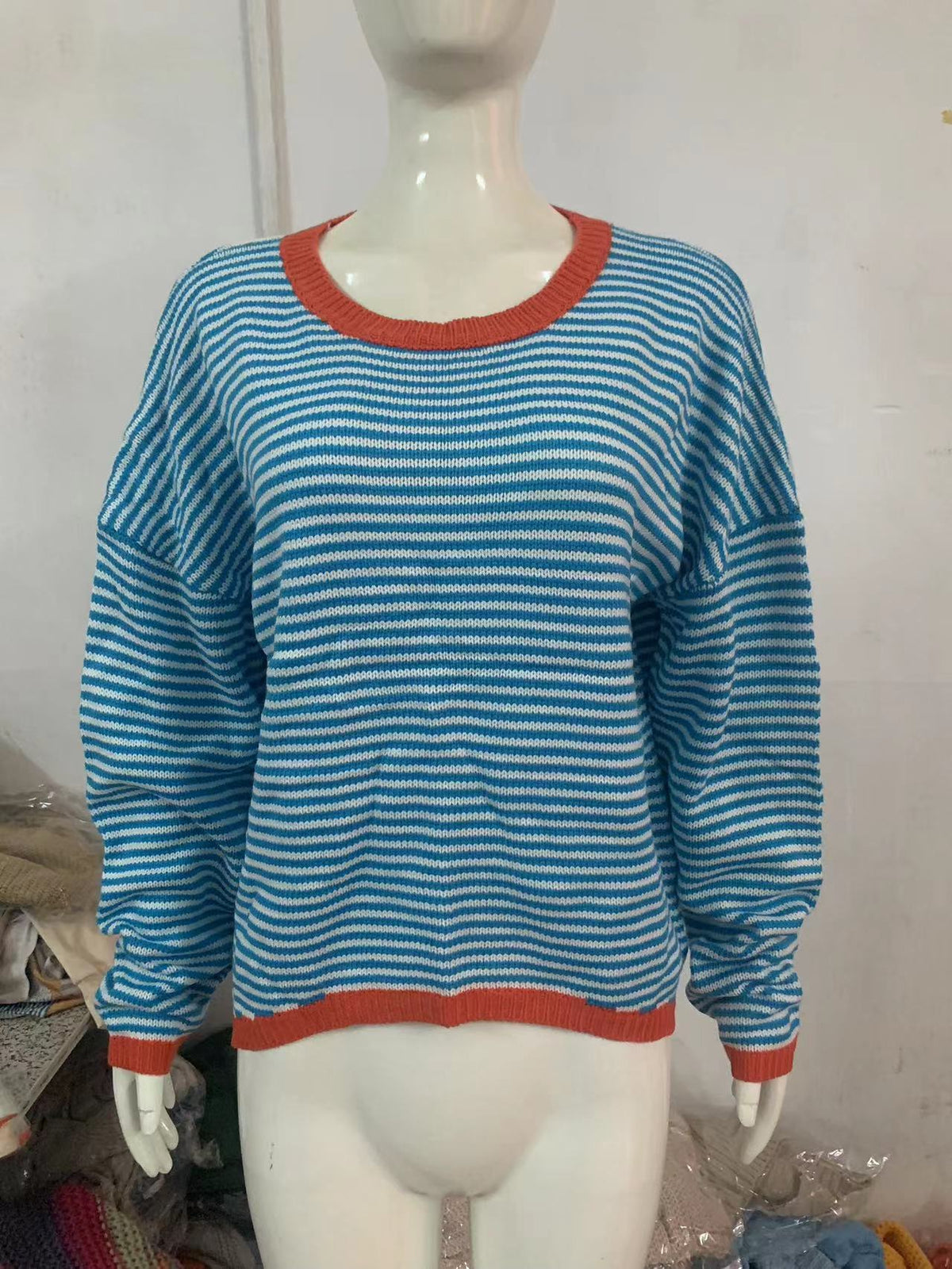 Fine Stripe Boxy Knit Top With Contrast Rib - SkyBlue - 1