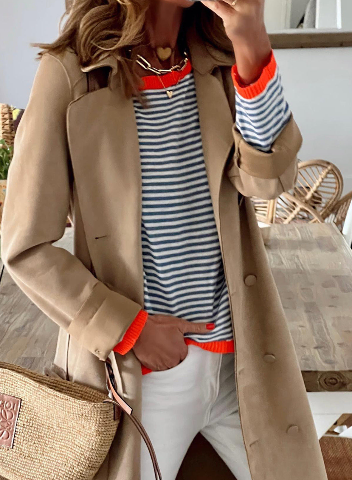 Fine Stripe Boxy Knit Top With Contrast Rib - White