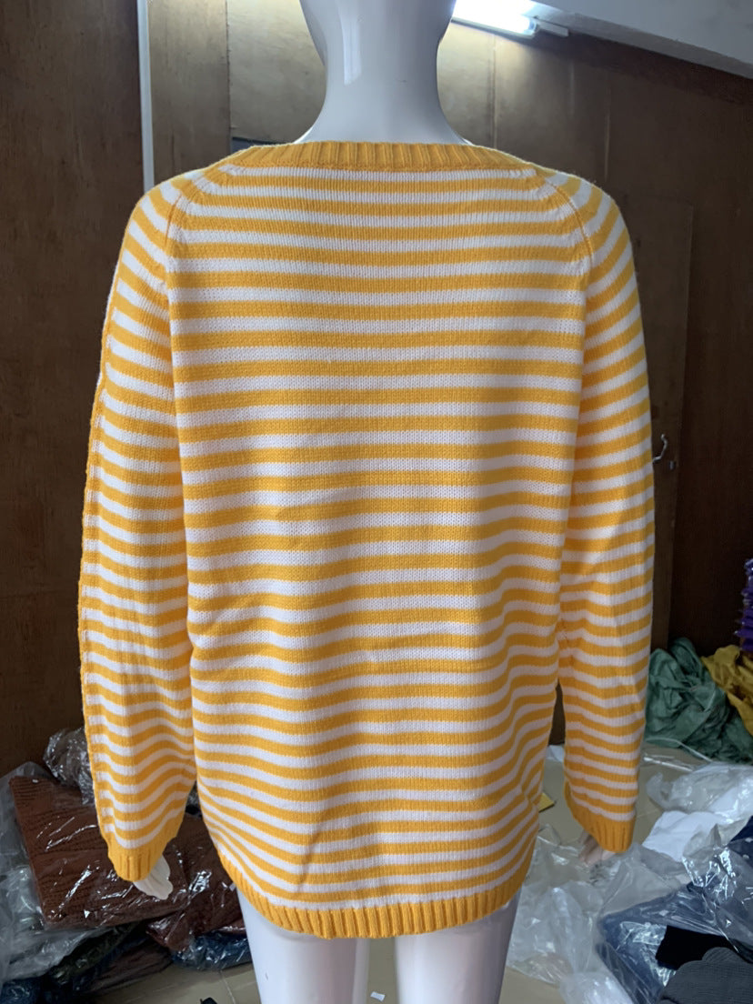 Fine Stripe Boxy Knit Top With Contrast Rib - Yellow - 1