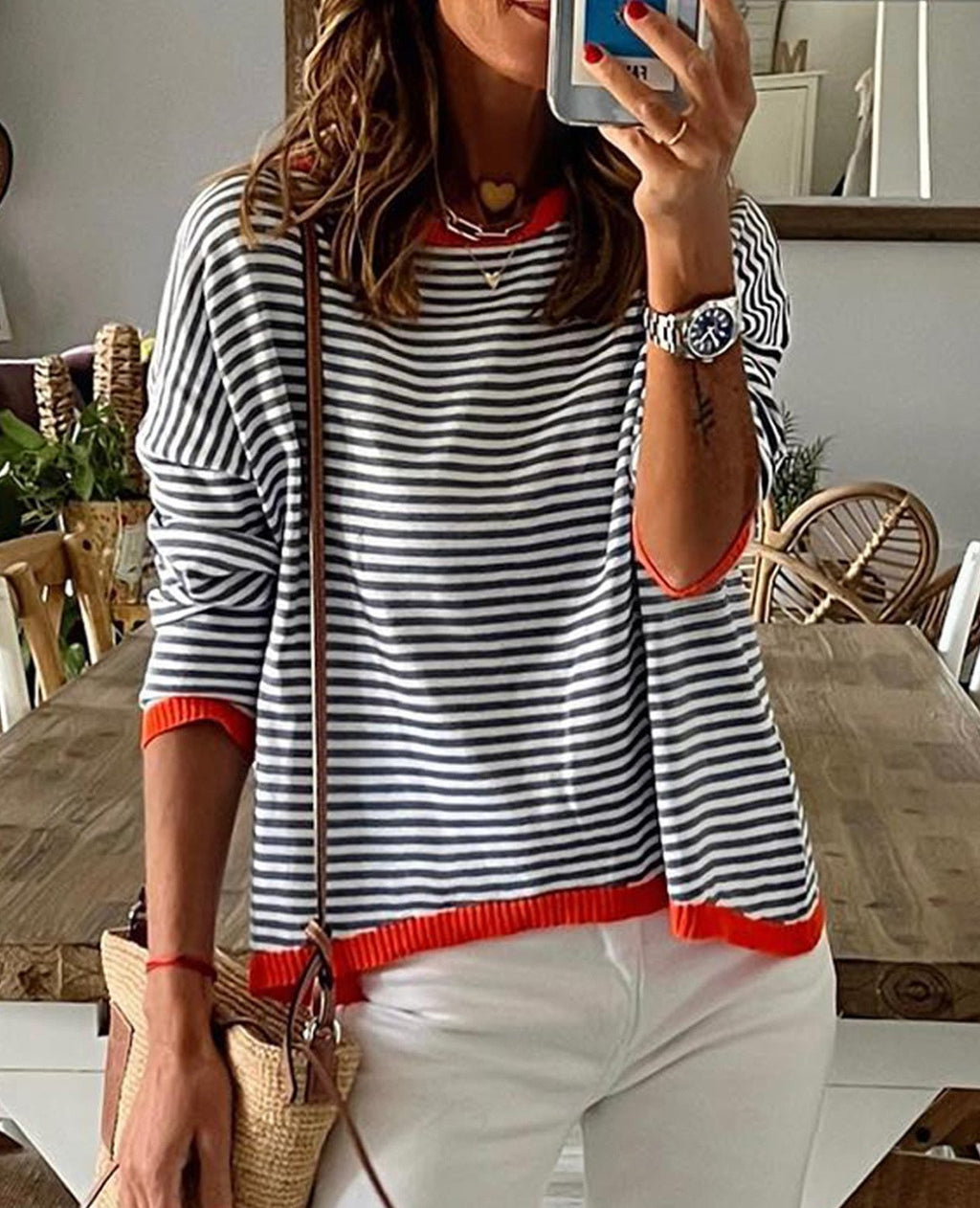 Fine Stripe Boxy Knit Top With Contrast Rib - view 1