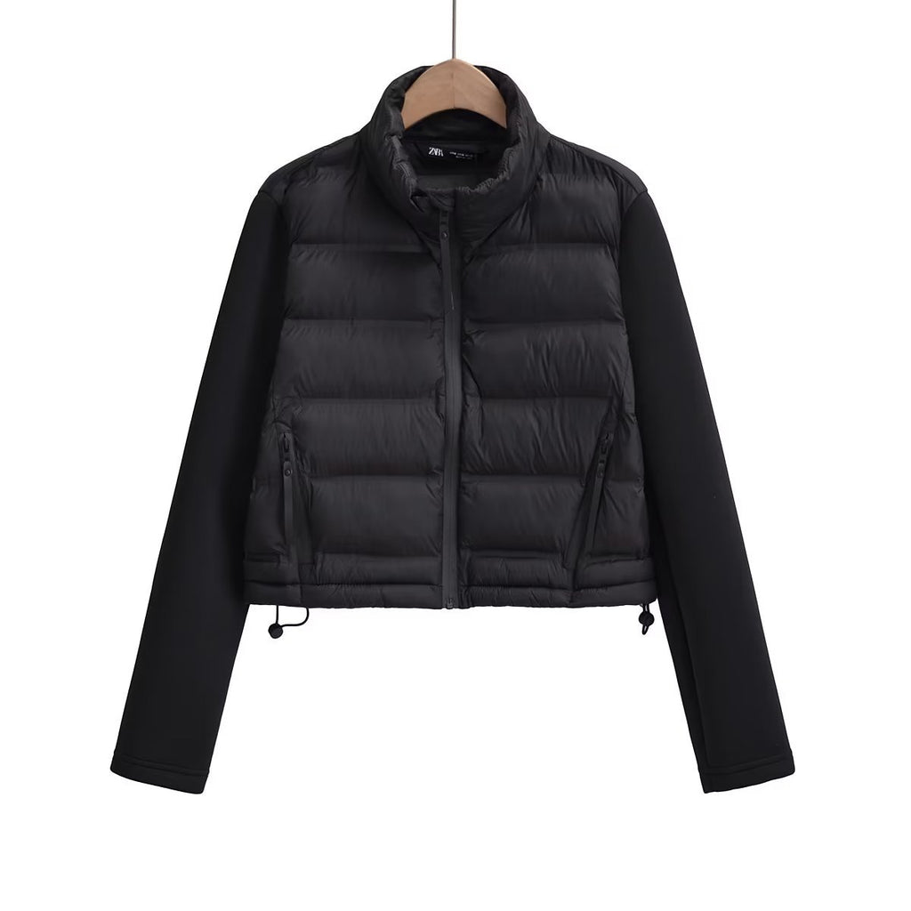 Cropped Puffer Jacket With Knit Sleeves - Black