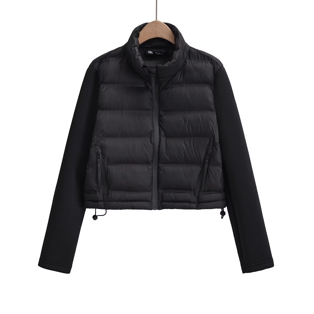 Cropped Puffer Jacket With Knit Sleeves - Black
