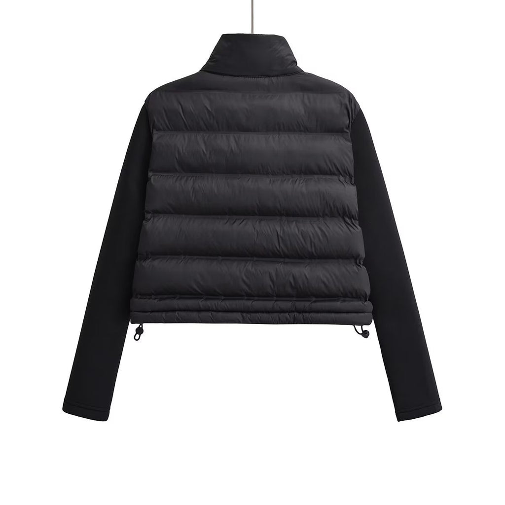 Cropped Puffer Jacket With Knit Sleeves - Black - 3