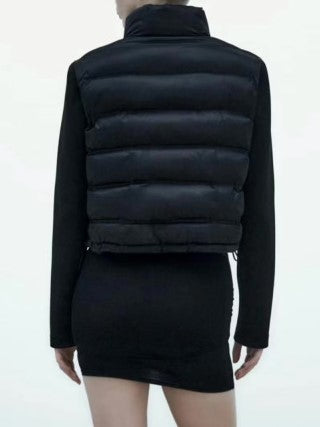 Cropped Puffer Jacket With Knit Sleeves - Black - 5