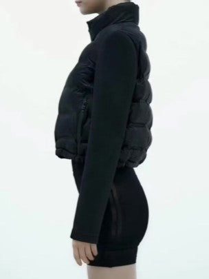 Cropped Puffer Jacket With Knit Sleeves - Black - 9