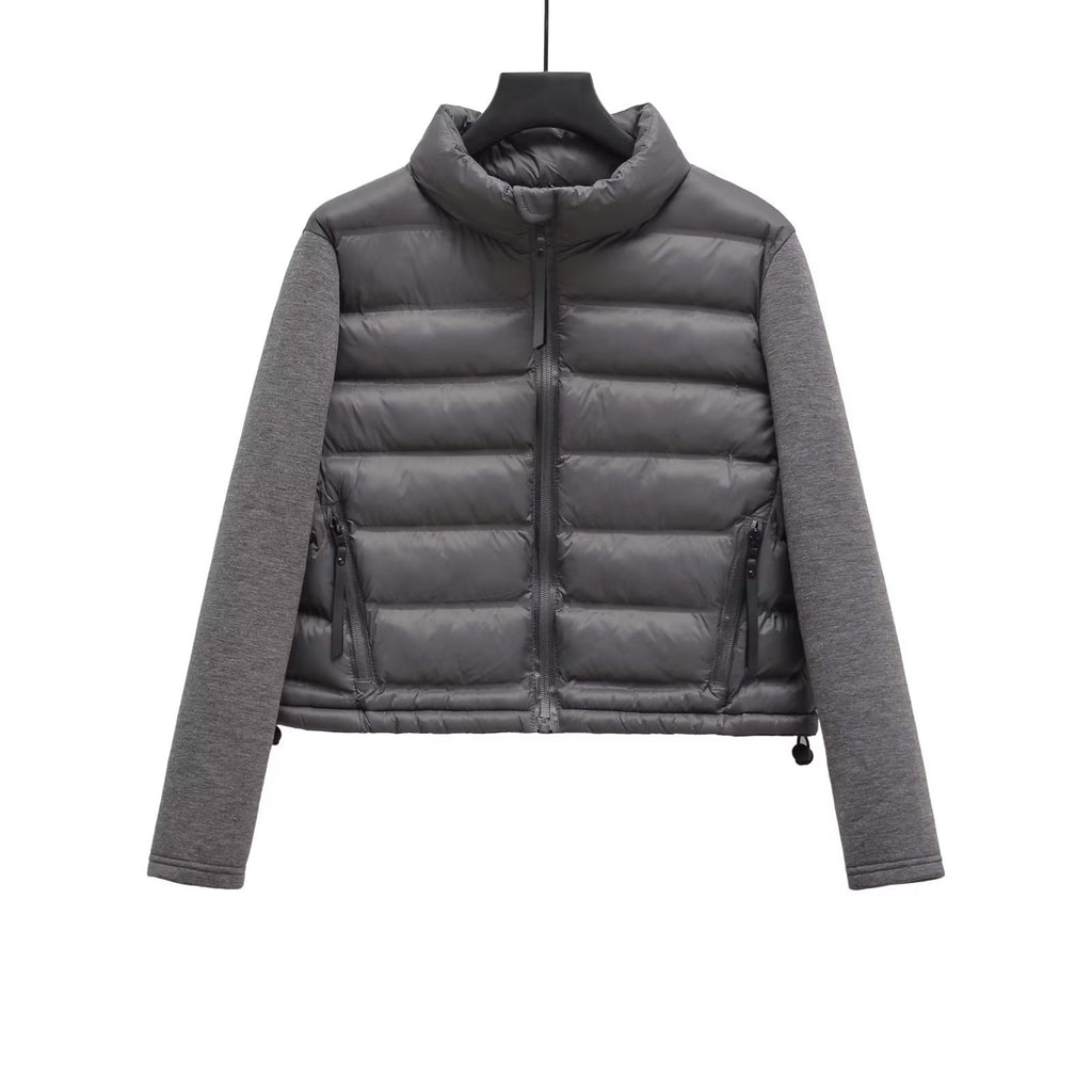 Cropped Puffer Jacket With Knit Sleeves - Grey