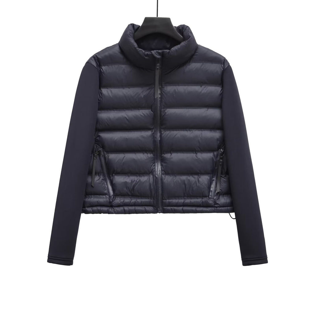 Cropped Puffer Jacket With Knit Sleeves - Navy