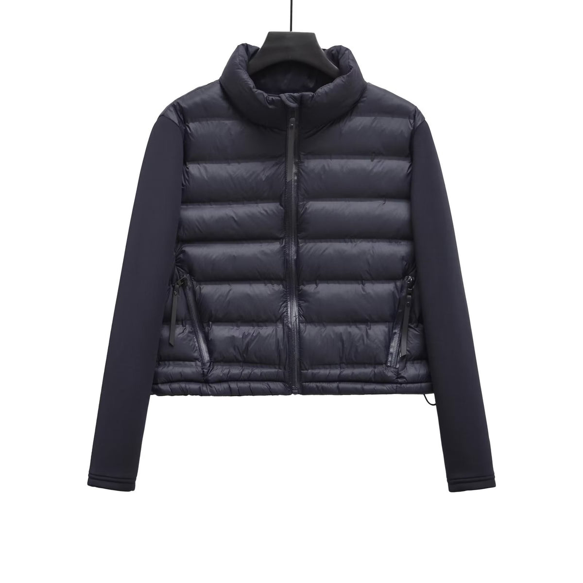 Cropped Puffer Jacket With Knit Sleeves - Navy