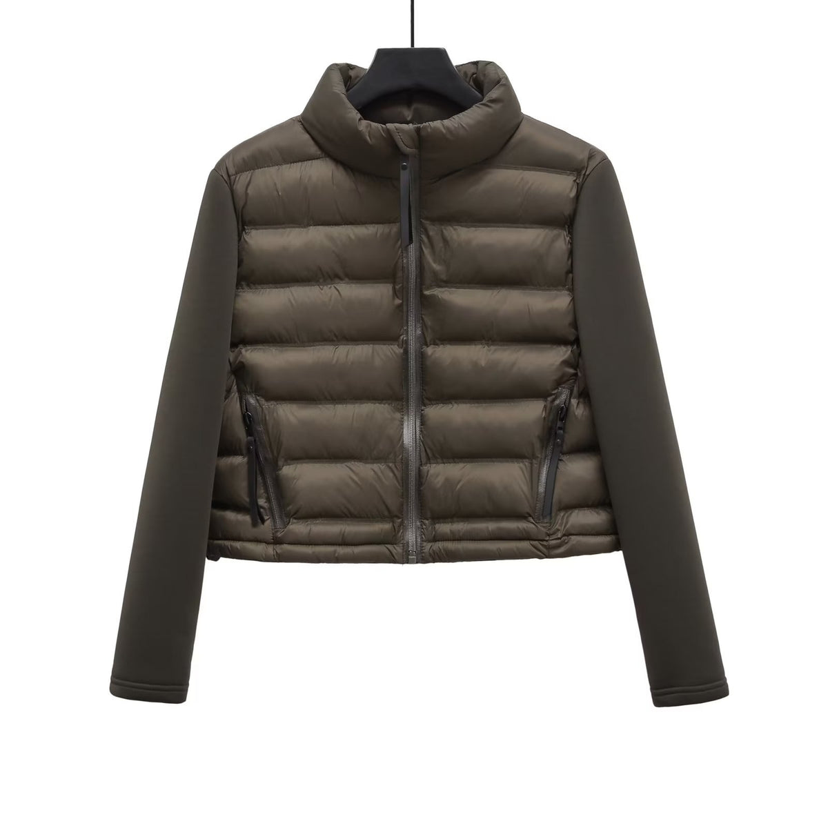 Cropped Puffer Jacket With Knit Sleeves - Olive