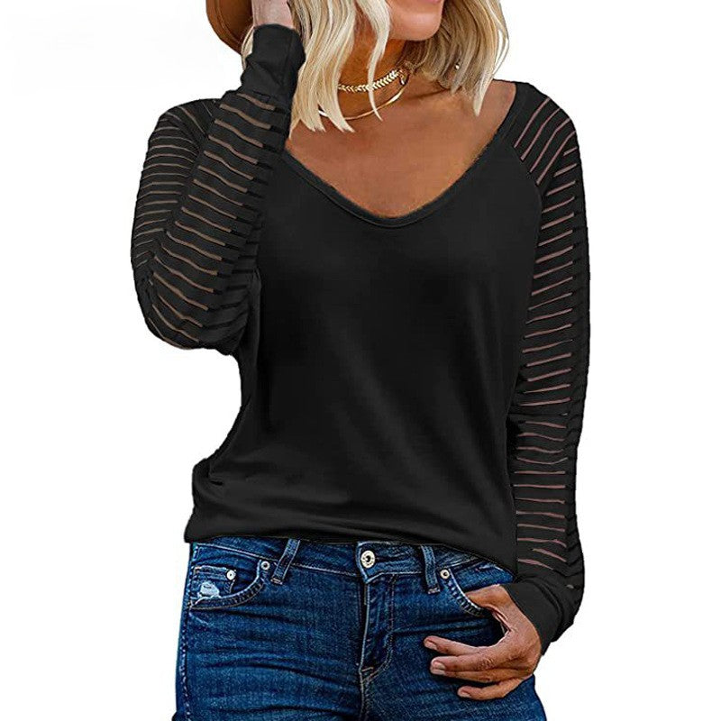 Sheer Stripe Sleeve V-Neck Tee - black