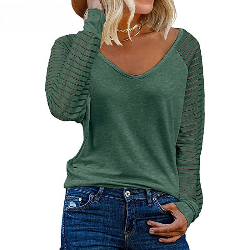 Sheer Stripe Sleeve V-Neck Tee - green