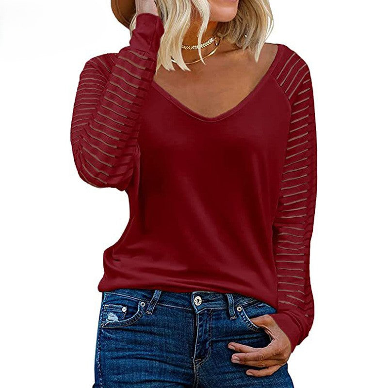Sheer Stripe Sleeve V-Neck Tee - red
