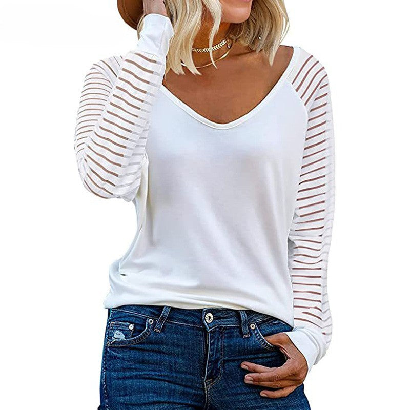 Sheer Stripe Sleeve V-Neck Tee - white