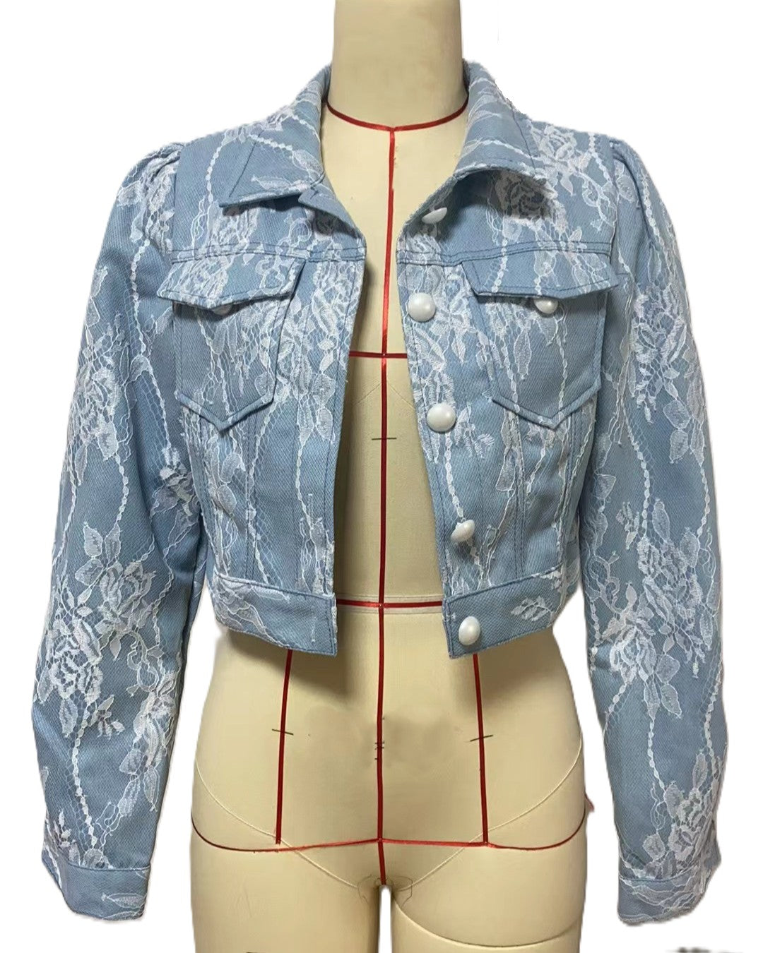 Puff Sleeve Cropped Denim Jacket With Lace Overlay - Blue - 1