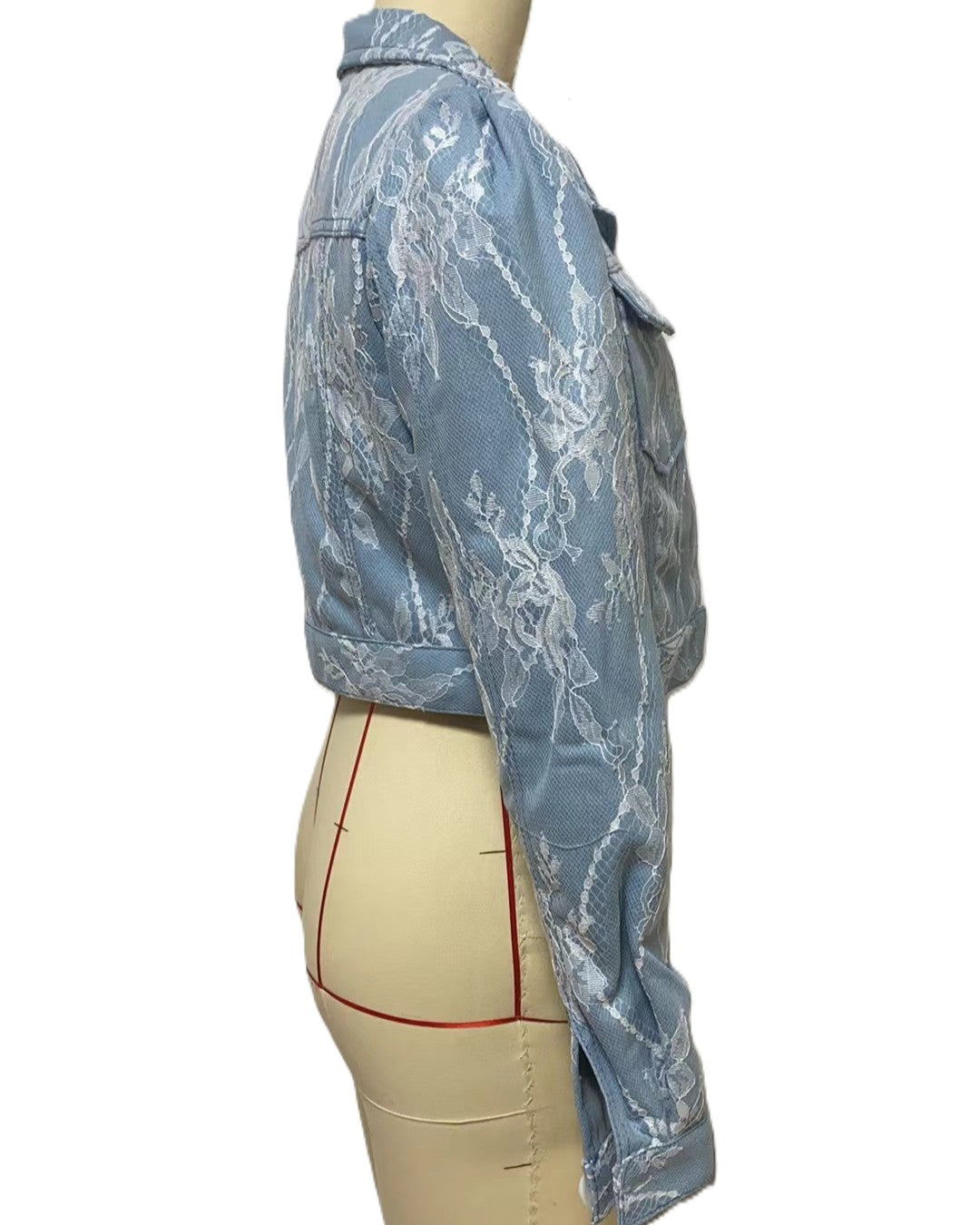 Puff Sleeve Cropped Denim Jacket With Lace Overlay - Blue - 2