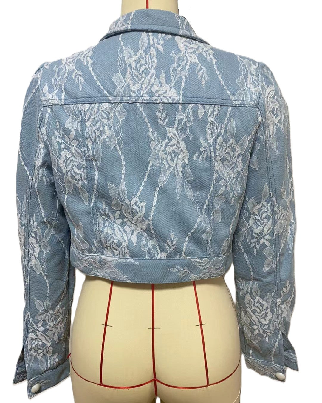 Puff Sleeve Cropped Denim Jacket With Lace Overlay - Blue - 3