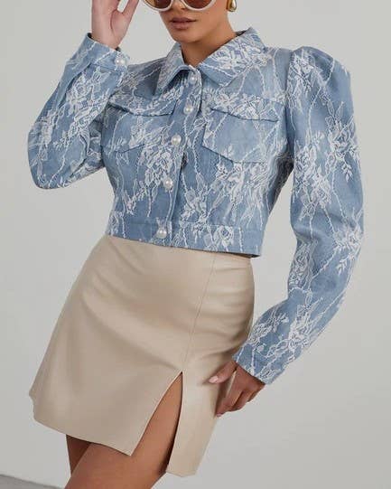 Puff Sleeve Cropped Denim Jacket With Lace Overlay