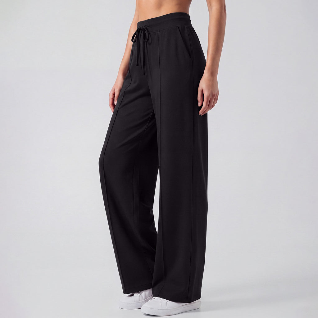 High Waist Drawstring Wide Leg Yoga Pants With Pockets - Black