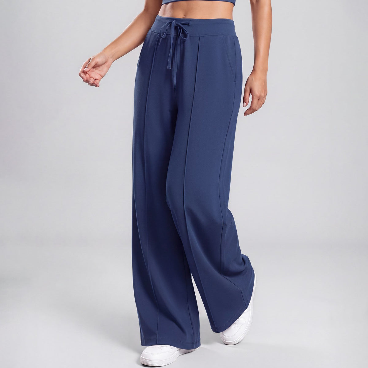 High Waist Drawstring Wide Leg Yoga Pants With Pockets - Denim Blue