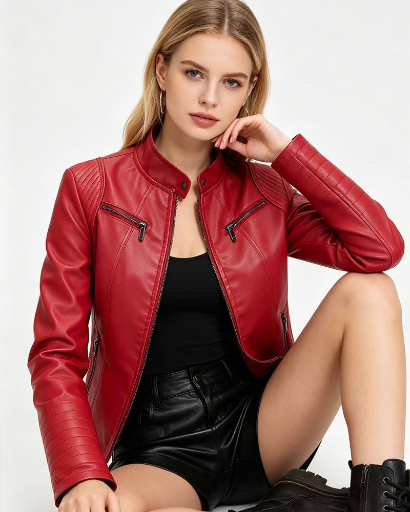 Faux Leather Quilted Shoulder Racer Moto Jacket