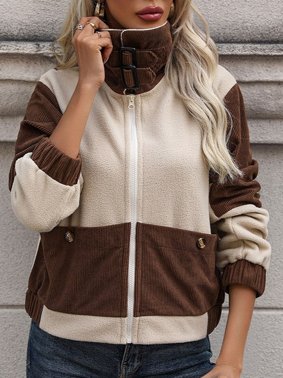 Colorblock Zip Up Stand Collar Cardigan - Brown