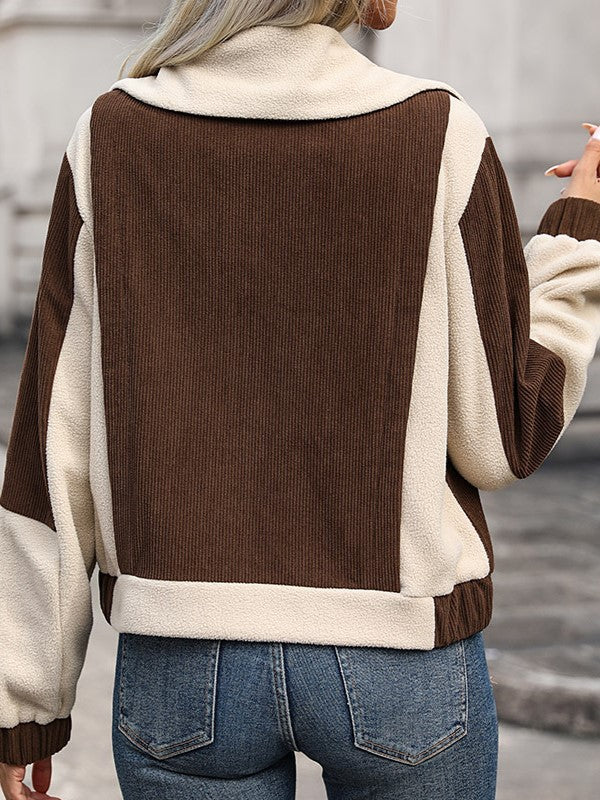 Colorblock Zip Up Stand Collar Cardigan - Brown - 1