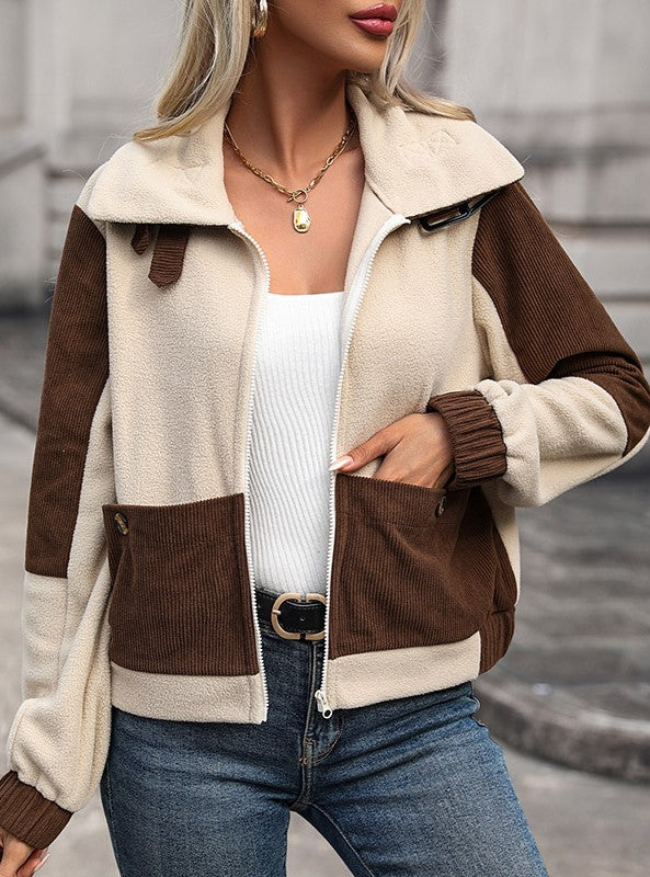 Colorblock Zip Up Stand Collar Cardigan - Brown - 4