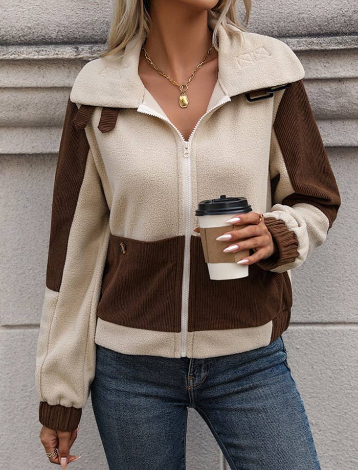 Colorblock Zip Up Stand Collar Cardigan