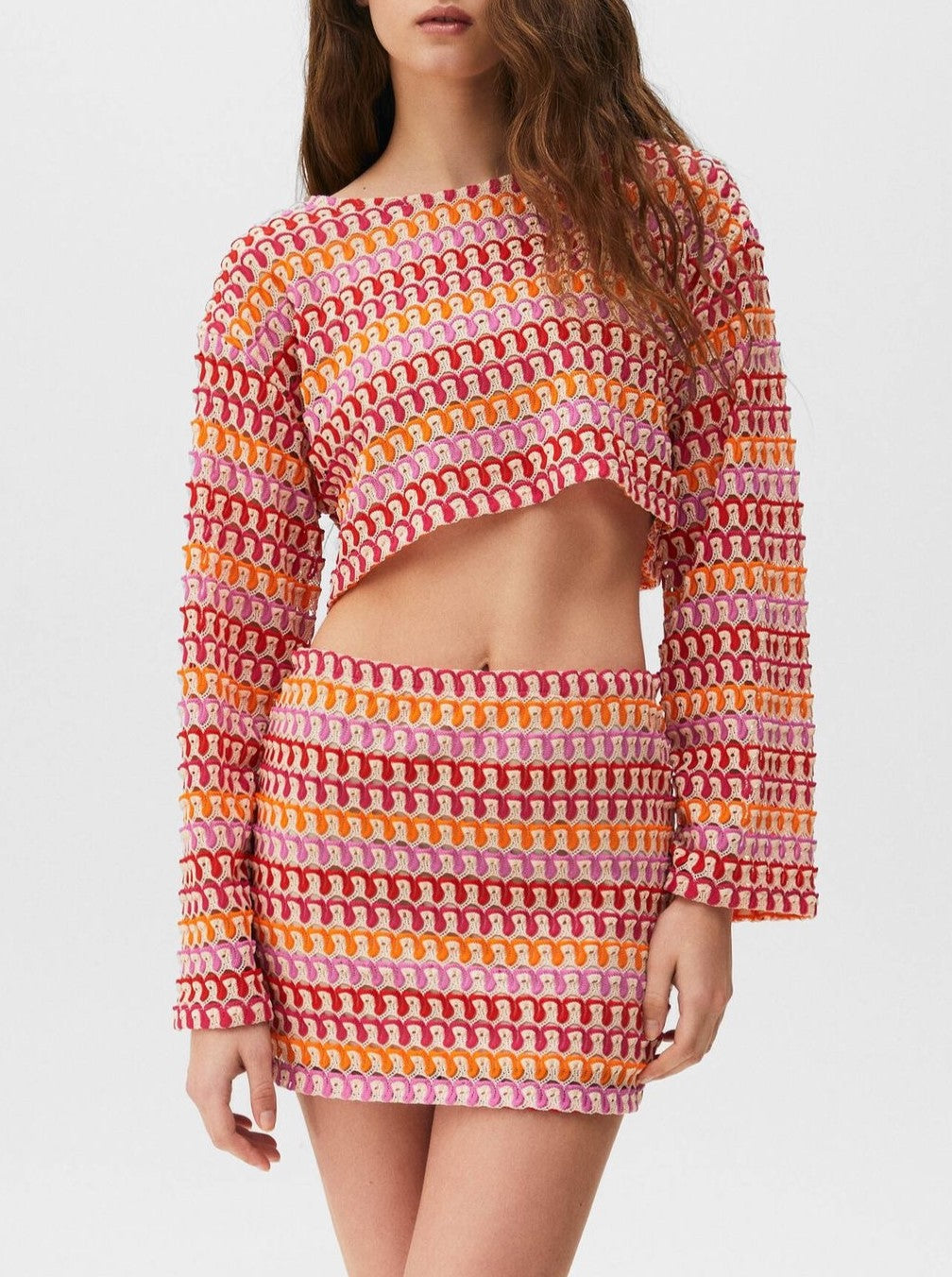 Striped Crochet Crop Top Mini Skirt Set - Red