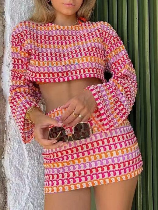 Striped Crochet Crop Top Mini Skirt Set - Red - 2