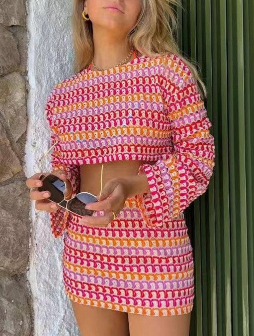 Striped Crochet Crop Top Mini Skirt Set - Red - 3