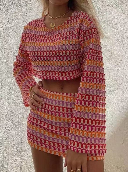 Striped Crochet Crop Top Mini Skirt Set - Red - 5