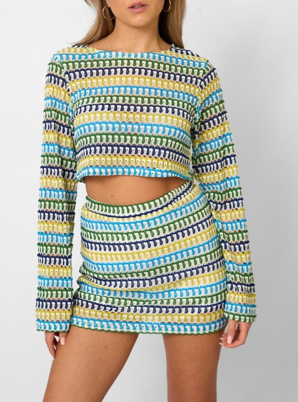 Striped Crochet Crop Top Mini Skirt Set - Yellow - 2