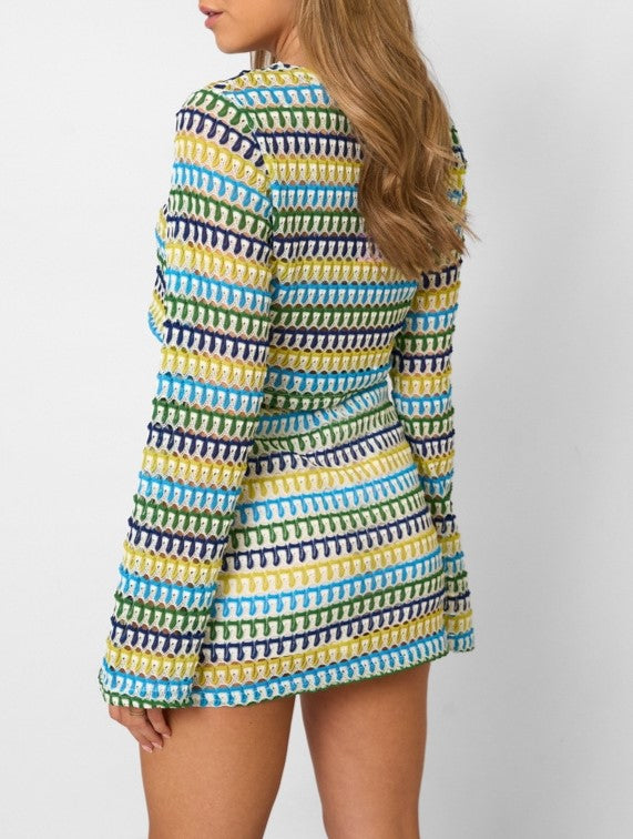 Striped Crochet Crop Top Mini Skirt Set - Yellow - 3