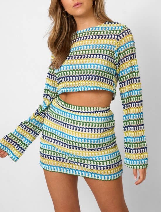 Striped Crochet Crop Top Mini Skirt Set
