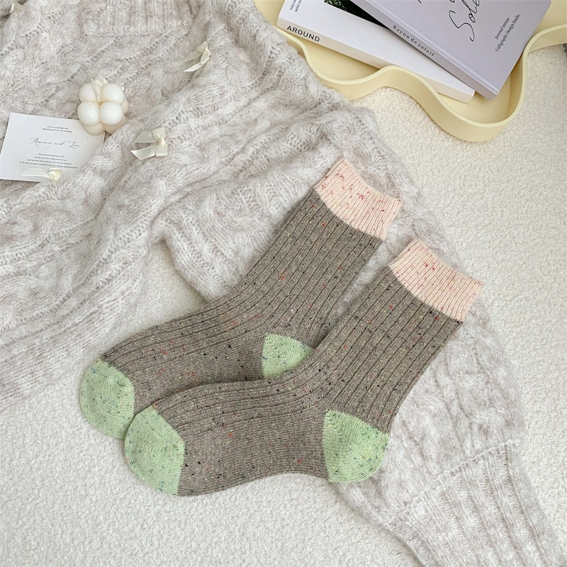 Speckled Wool Blend Colorblock Crew Socks - Khaki