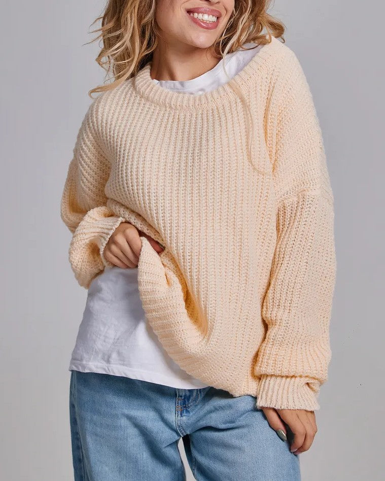 Chunky Ribbed Oversized Crew Neck Sweater - Apricot