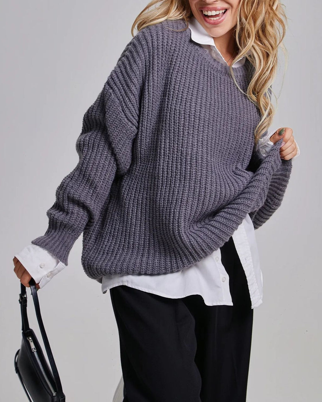 Chunky Ribbed Oversized Crew Neck Sweater - Dark-Gray - 1