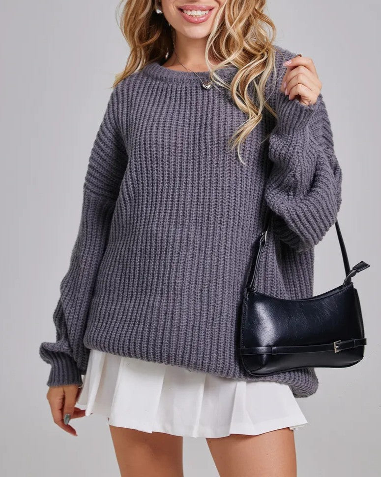 Chunky Ribbed Oversized Crew Neck Sweater - Dark-Gray - 2