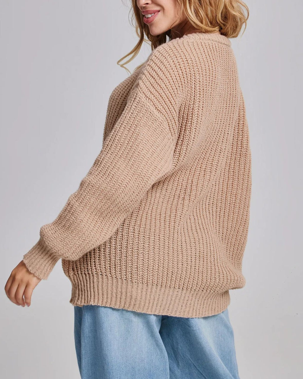 Chunky Ribbed Oversized Crew Neck Sweater - Dark-Gray - 3