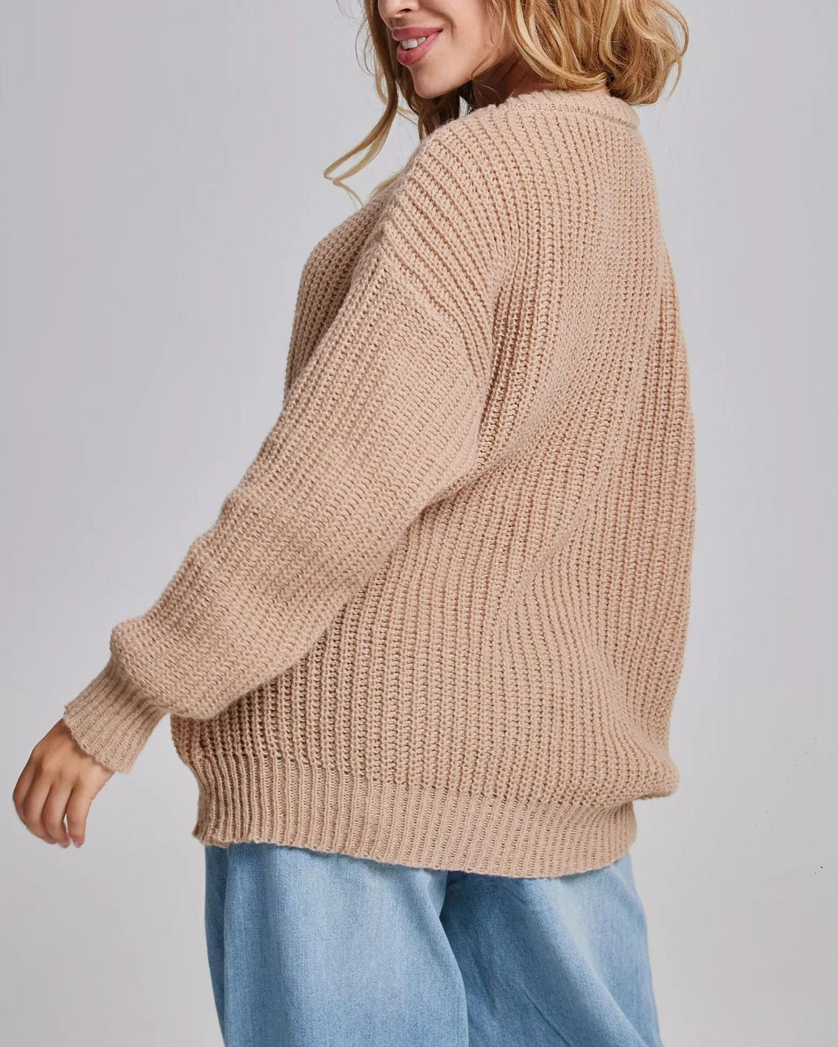 Chunky Ribbed Oversized Crew Neck Sweater - Dark-Gray - 3