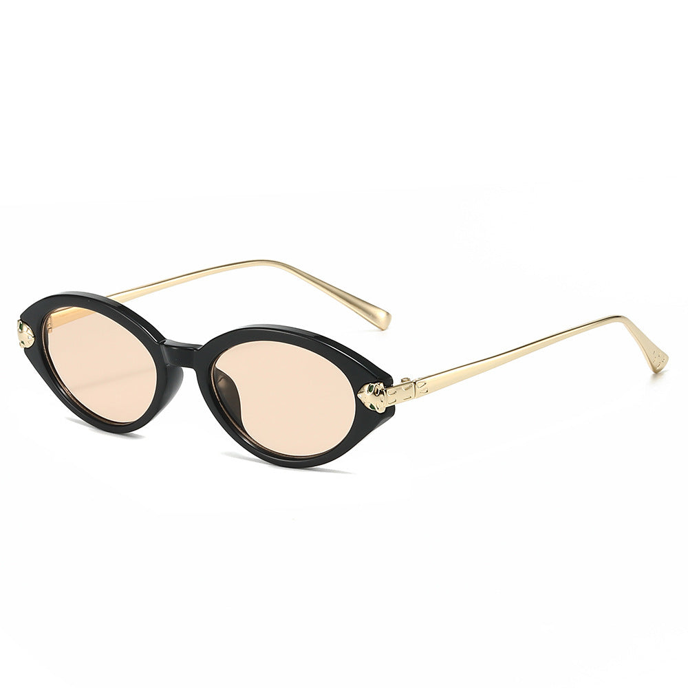 Vintage Oval Sunglasses With Slim Temple Arms - Champagne