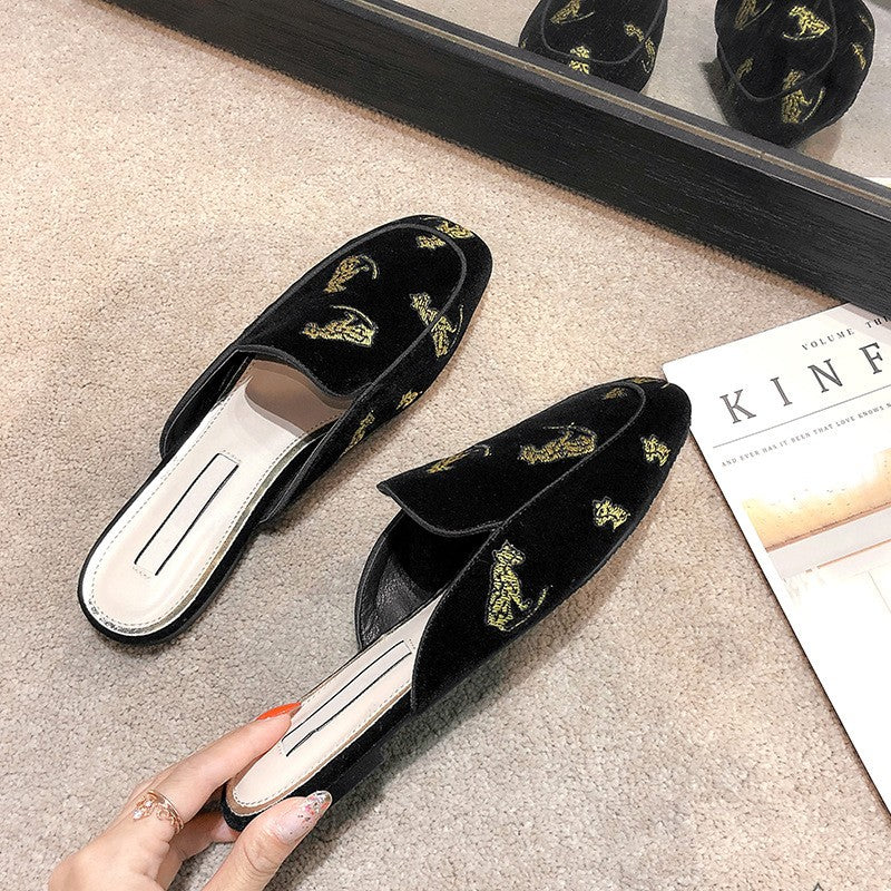 Embroidered Leopard Velvet Flat Mules