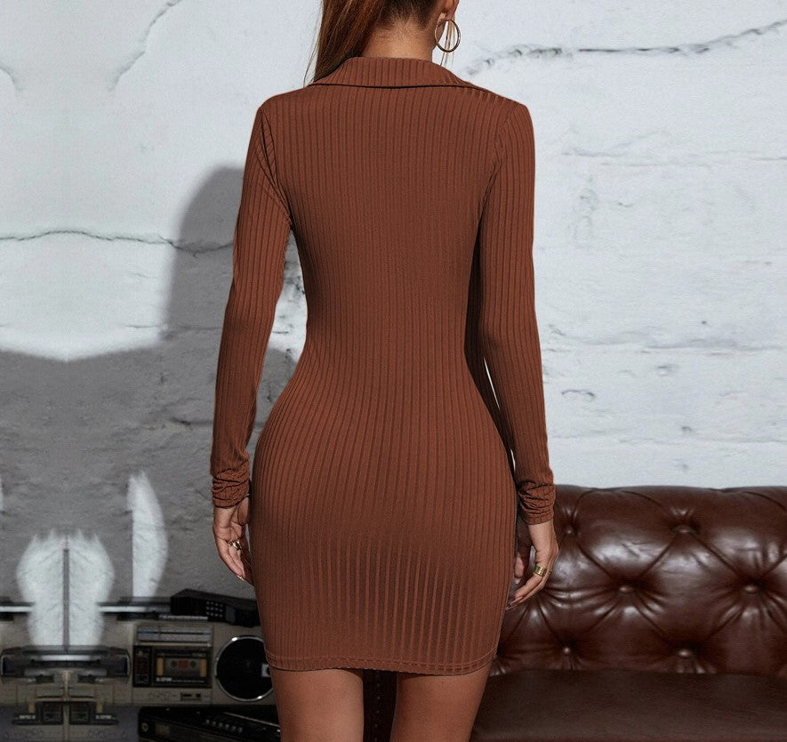 Collared Deep V Twist Ribbed Mini Dress - Brown - 4
