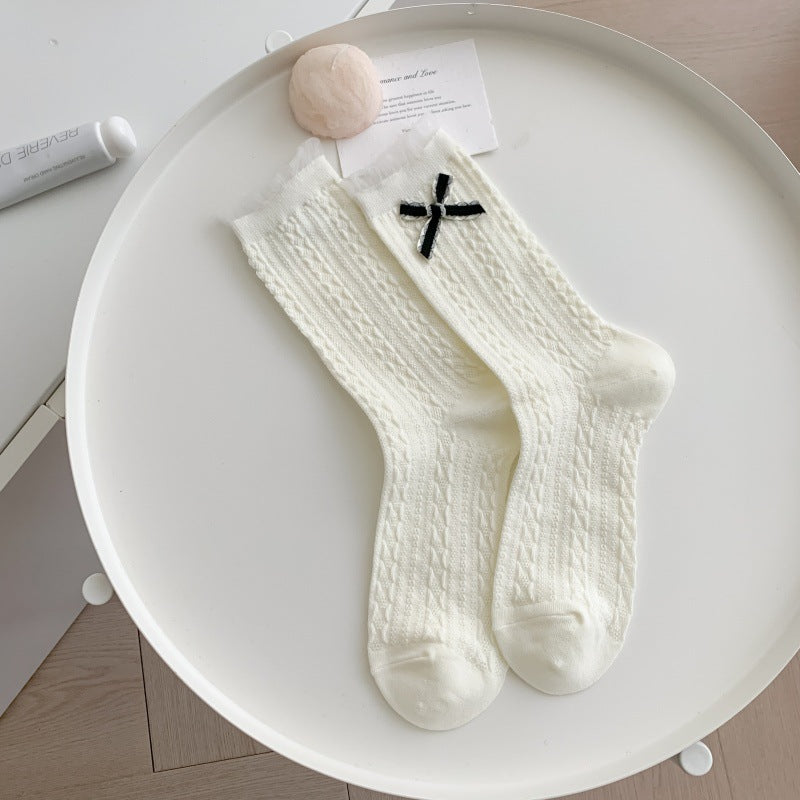 Polka Dot Bow Ribbed Crew Socks - 01White