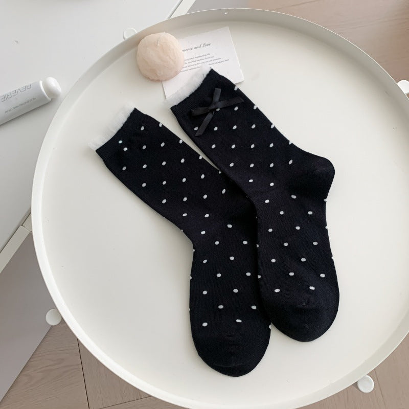 Polka Dot Bow Ribbed Crew Socks - Black