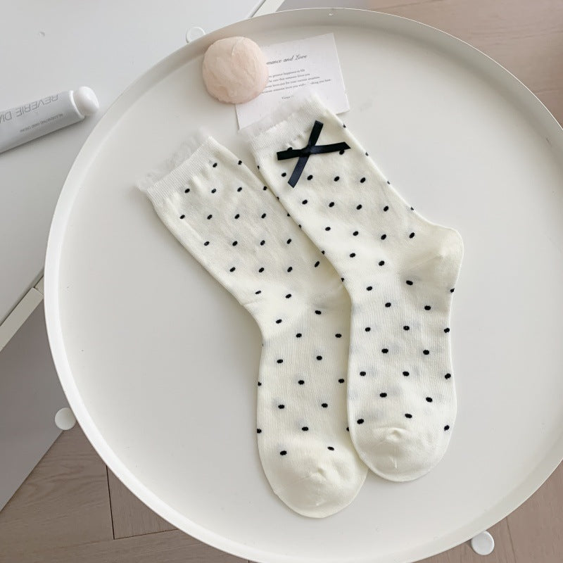 Polka Dot Bow Ribbed Crew Socks - White
