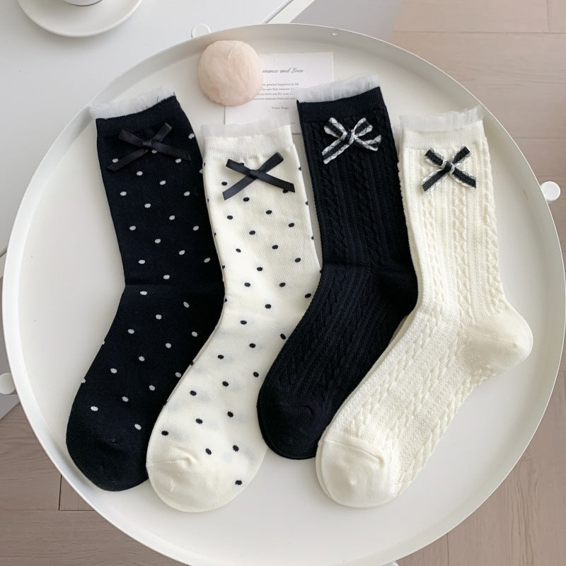 Polka Dot Bow Ribbed Crew Socks